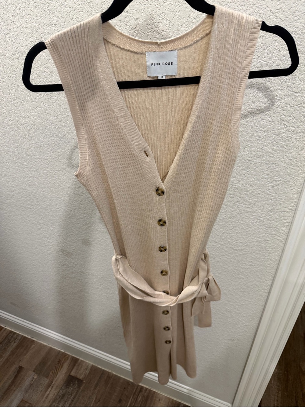 Pink Rose Beige Ribbed V‑Neck Button Front Knit Dress